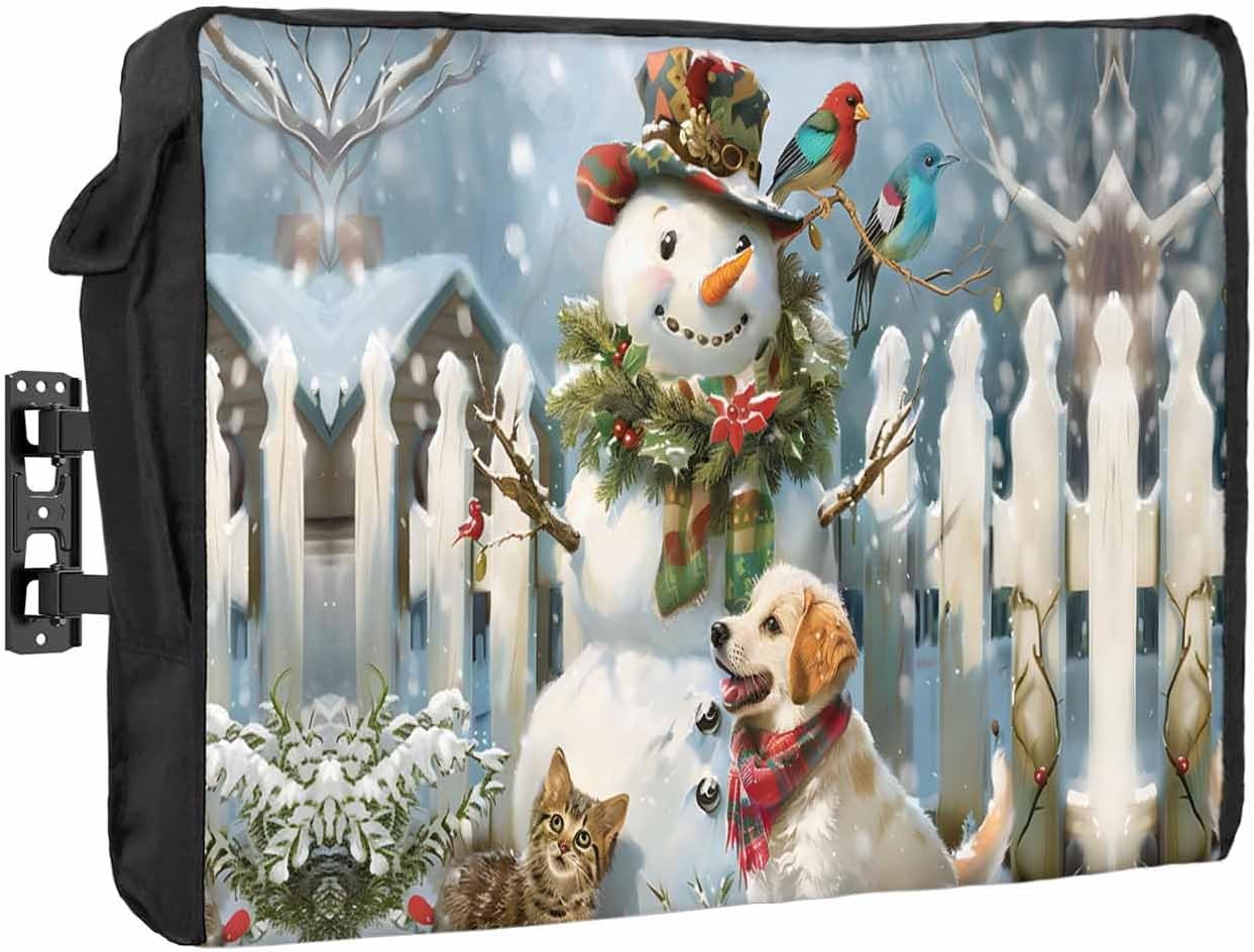 Christmas Snowman Outdoor TV Cover 70"-75" - 600D Waterproof TV Cover Weatherproof TV Screen Protector Dustproof Winter Farmhouse Animal Berry Blue TV Display Protector for Outside Flat Screen TV