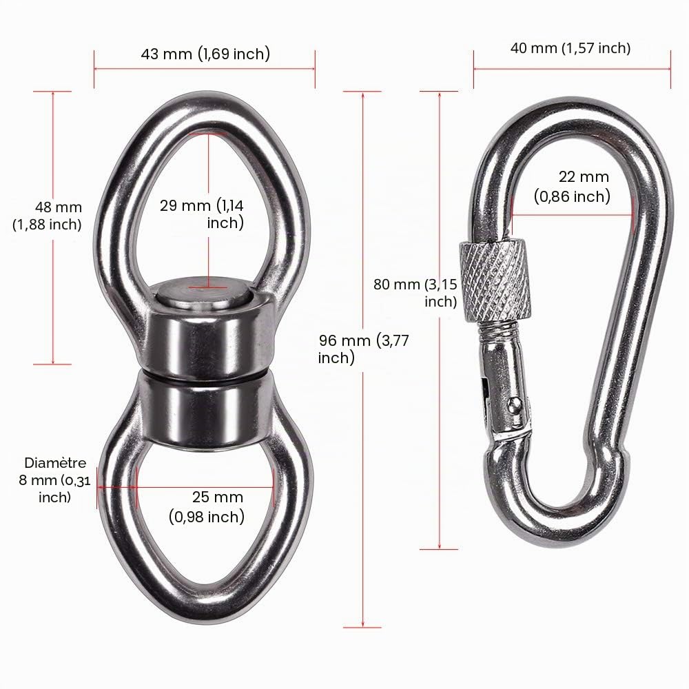 SELEWARE Pivotant pivotant à roulement Silencieux avec 2 mousquetons, Accessoire de Suspension de Dispositif Rotatif à 360 ° en Acier Inoxydable pour balançoire d'arbre,Corde à Grimper, Yoga