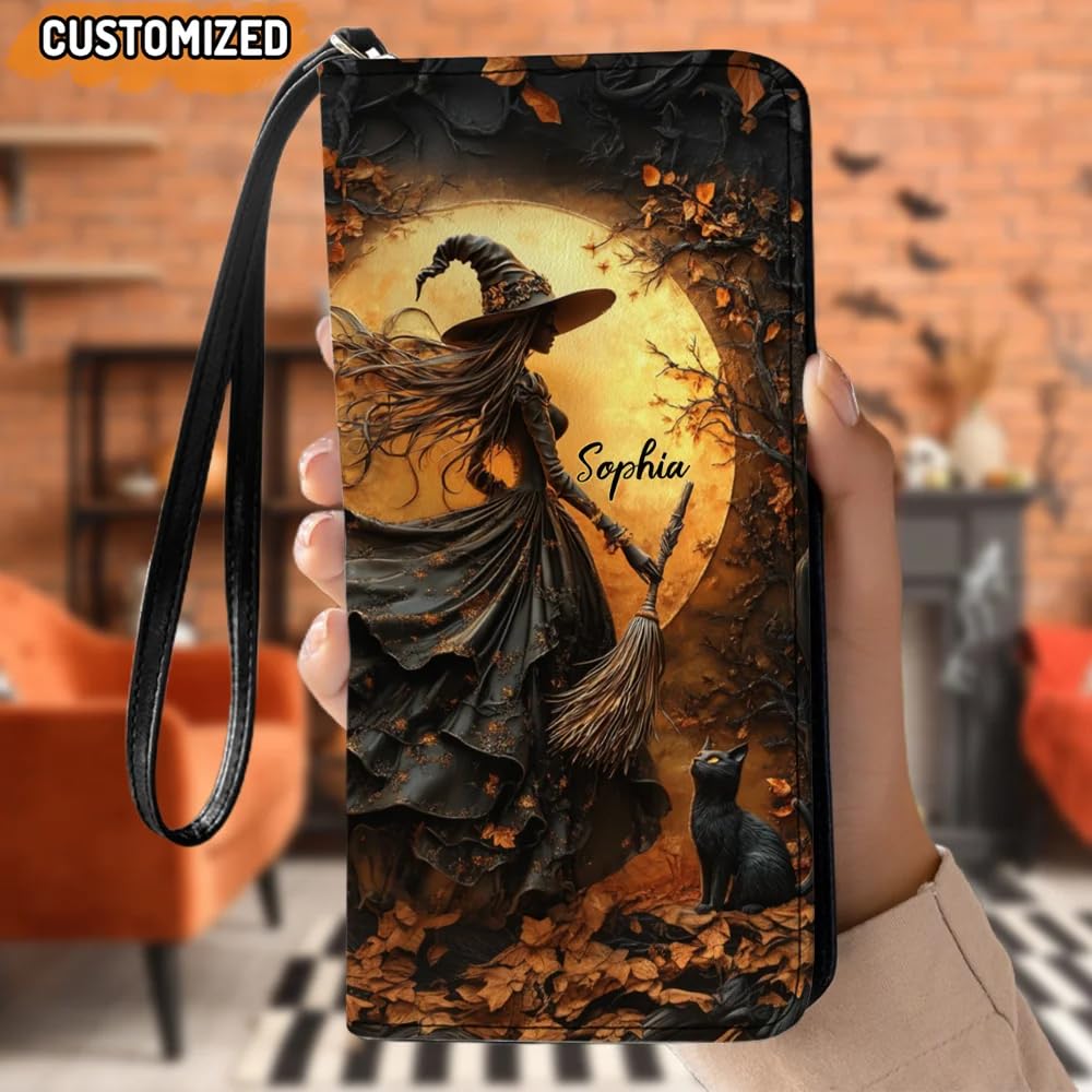 Personalized Witching Hour Is Here Women Leather Wallet, Vintage Nigth Witchy RFID Blocking Zip Wallet, Boho Witchcraft Lover Long Ladies Clucth Wristlet, Custom Name Gift for Wicca Halloween (Witch)