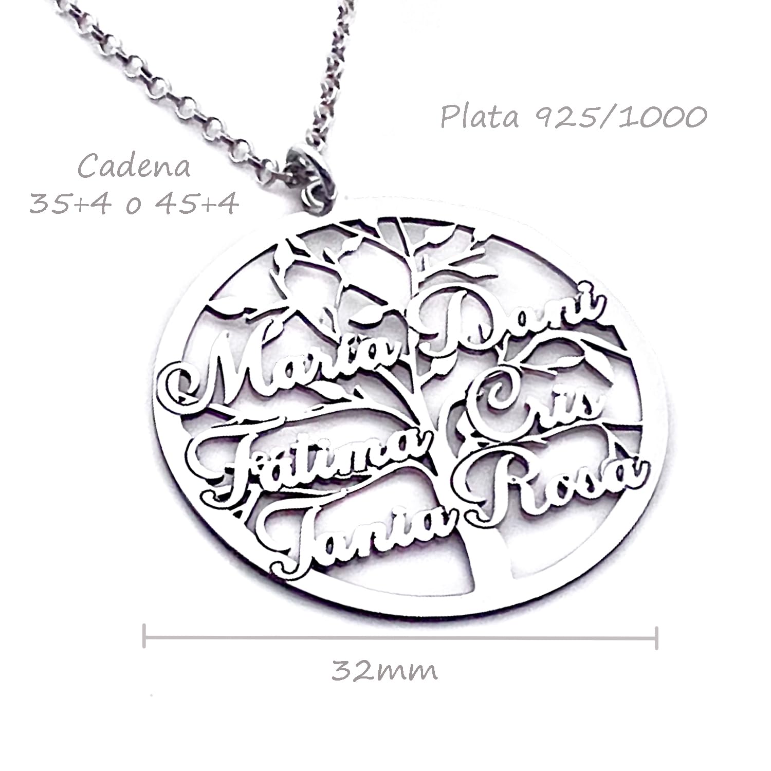 Collar Árbol de la Vida Personalizado con Nombres | Plata de Ley 925 | Medalla 35mm | Hasta 9 Nombres | Regalo Día de la Madre, Cumpleaños, Familia | MODELO N35
