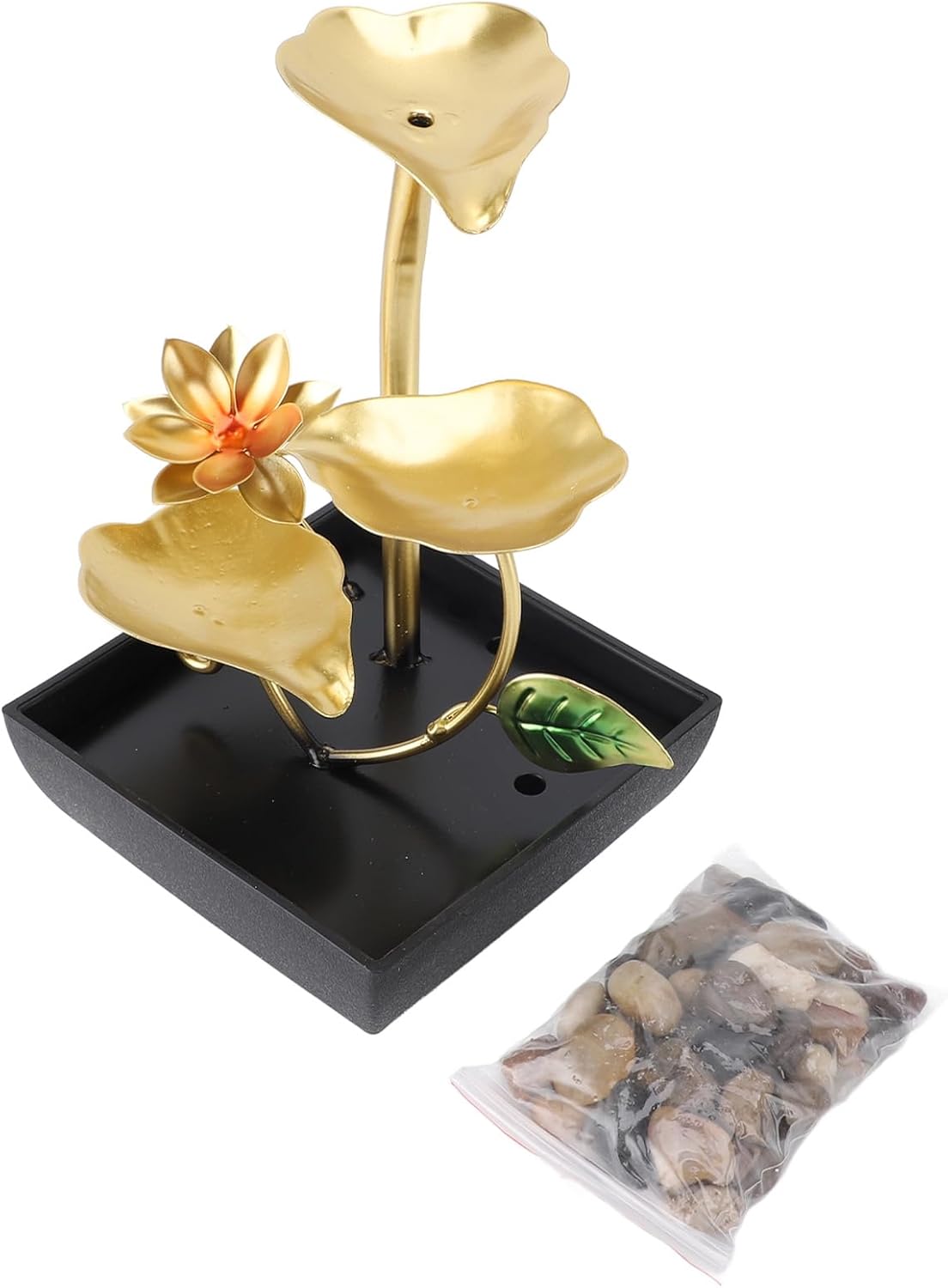 Pwshymi Leaf Tabletop Waterfall Fountain 3 Tier LED Light Adjustable Flowing Water for Home Office Desk, Iron Plastic Desk Relaxation Waterfall Fountain for Bedroom Study, USB 5V Warm Light