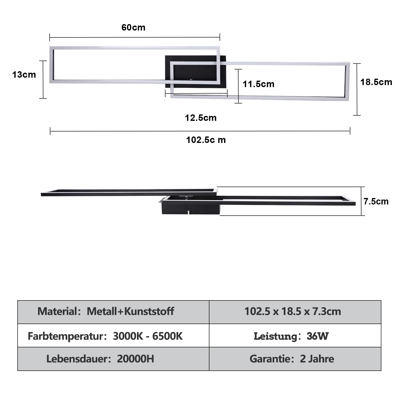 Homefire Deckenlampe Wohnzimmer LED Deckenleuchte: 36W Modern Küchenlampe | Stufenloses Dimmbar 3000K - 6500K Schwarz Wohnzimmerlampe mit Fernbedienung Deckenbeleuchtung für Küche Schlafzimmer