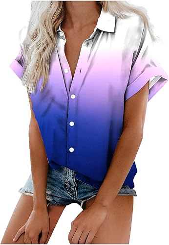 Miniatura 4 de LFEOOST Camisas de manga corta con botones para mujer, estilo casual, cuello en V, teñido anudado, para verano, estilo casual, para verano, ajuste
