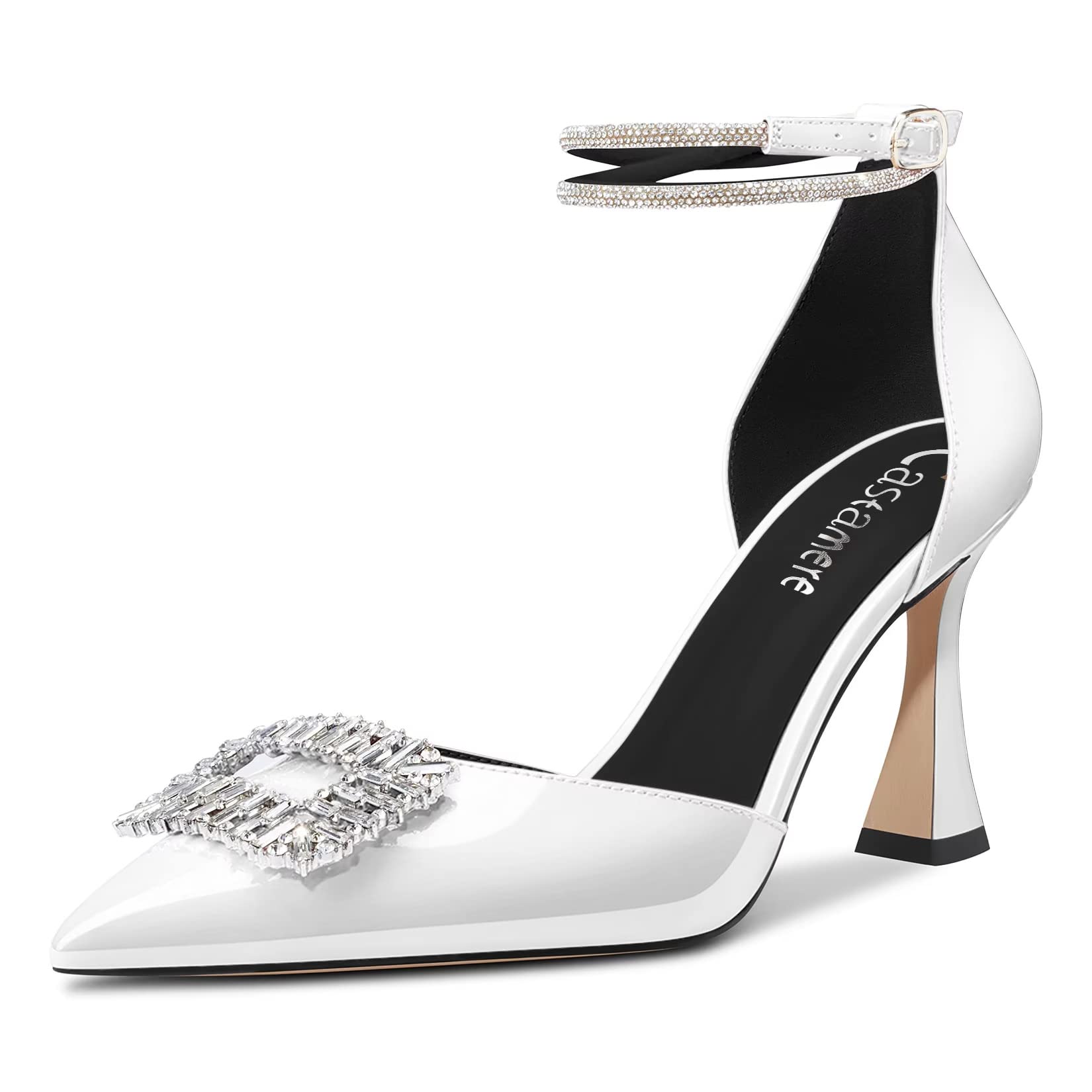 Castamere Femmes Haut High Bloc Chunky Talon Heel Lanières Cheville Diamant Cristal Pointu Bout Escarpins 8.5 CM Heels