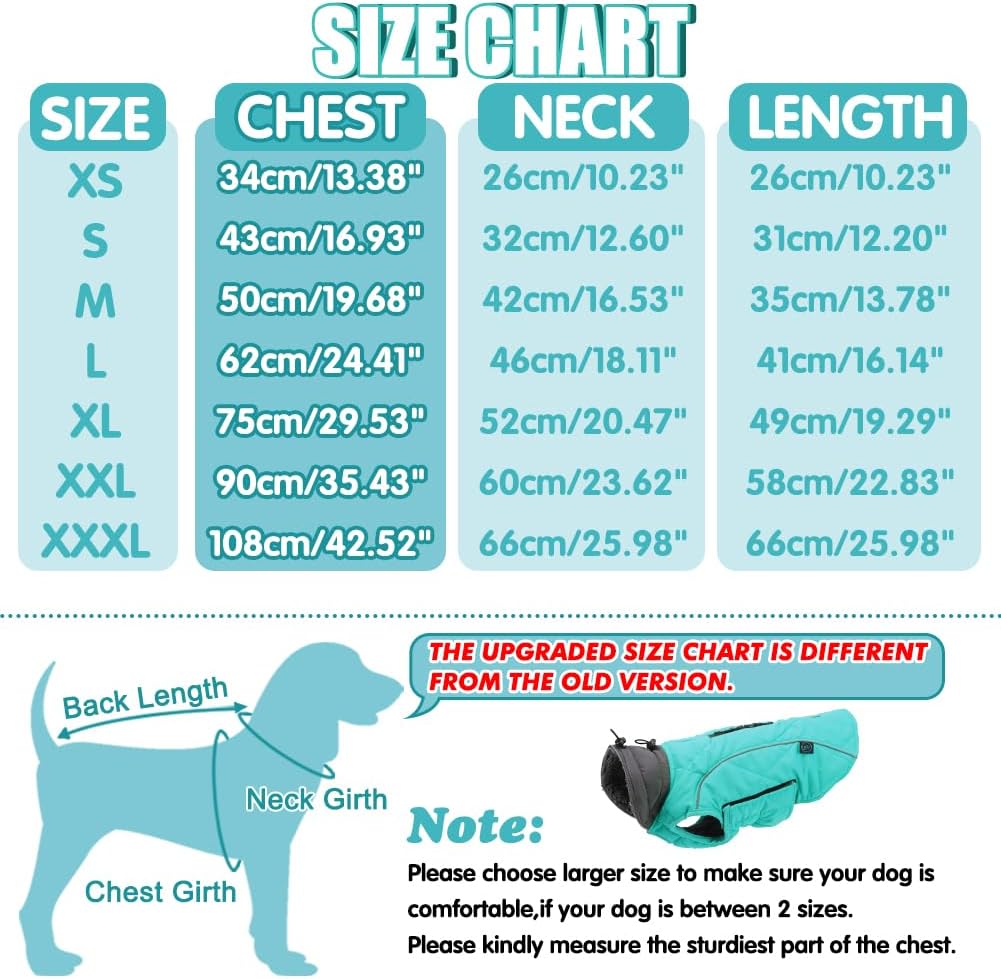 EMUST Pet Vests for Winter, Fleece Lined Dog Coat for Cold Weather Warm Dog Jackets for Small Medium Large Dogs, Pet Apparel for Cold Weather, Turquoise, XXXL