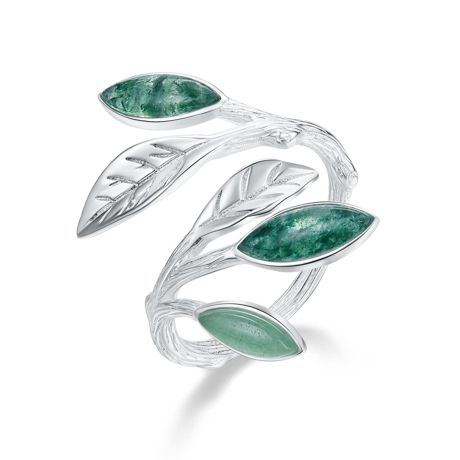 Christmas Gifts S925 Sterling Silver Women's Ring Green Leaf Ring Adjustable Natural Aventurine Gemstone Open Ring Handmade Jewelry Mum Gifts, Gifts for Women.