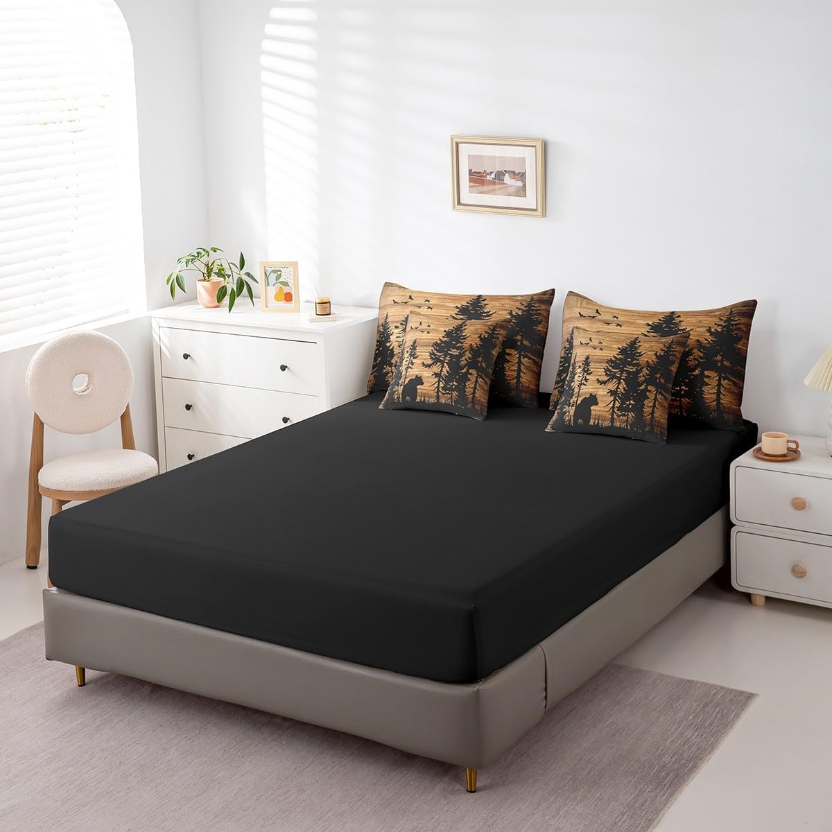 Feelyou Bear Comforter Set Pieces Queen Size Rustic Cabin Country Bedding Set for Kids Teens Adults Vintage Brown Wood Bed in Bag Comforter Sheets Pillowcases Cushion Covers