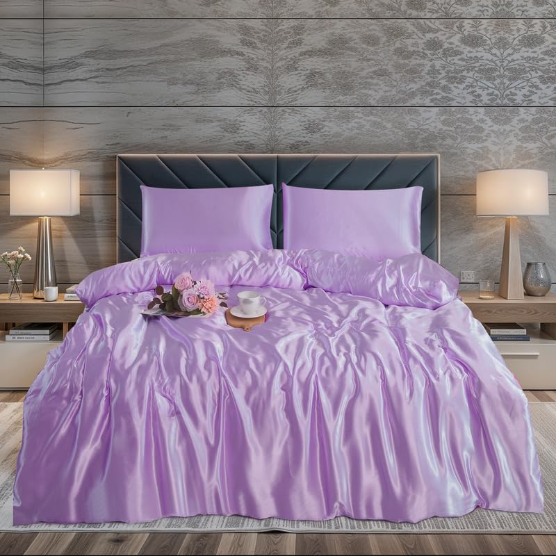 WEAVERS: Luxurious 3-Piece Silky Satin Duvet Cover Set. Reversible Zippered Duvet Cover with a Pair of Pillowcases. (Size King, Colour Lilac)