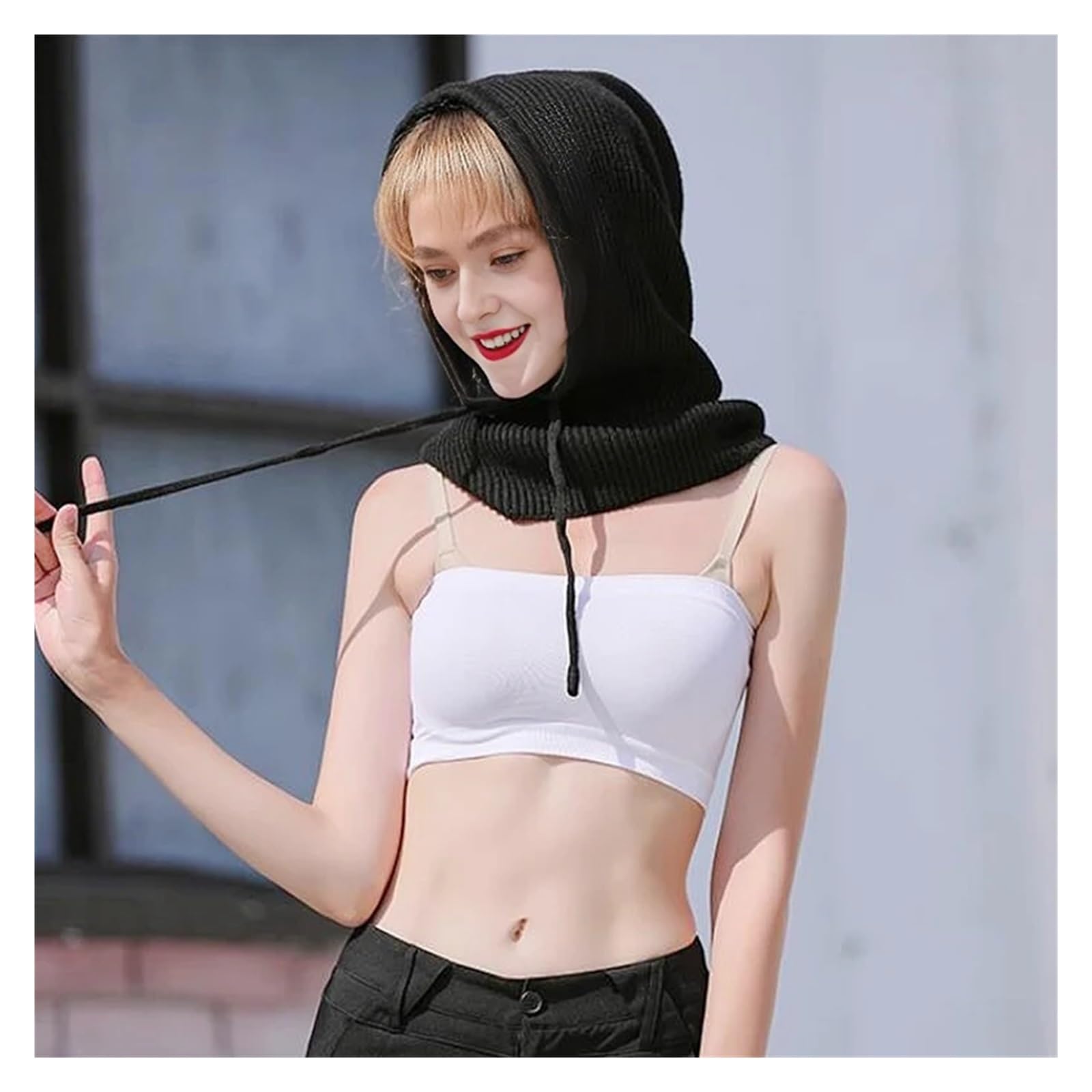 Gorro unisex de punto de lana para mujer, bufanda de cuello con capucha para invierno, con cordón para hombre