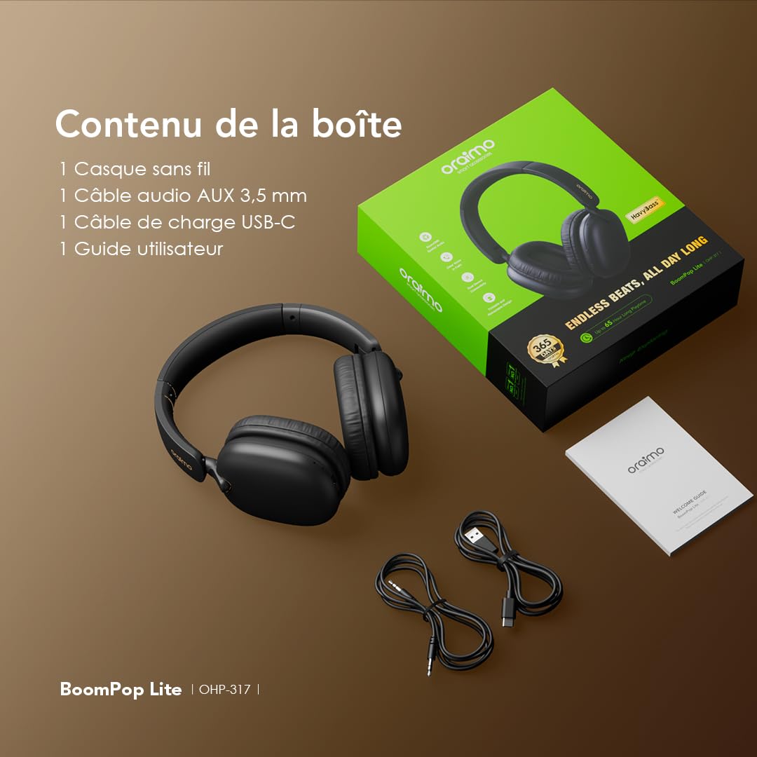 Oraimo BoomPop Lite Casque Bluetooth sans Fil, 65 h d'autonomie, Charge Rapide 10 Min = 10 h, Son Spatial Sound360, Micro ENC, Mode Jeu, Pliable, Bluetooth 5.3 + Jack 3,5 mm, USB-C