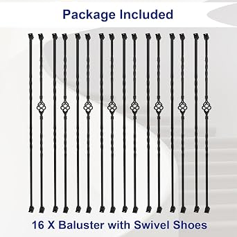 Sidasu 16-Pack Wrought Iron Balusters for Staircase, Hollow Single Basket with Double Twist 1/2 Square Metal Balusters with 32Pcs Baluster Swivel Shoes