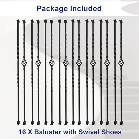 Sidasu 16-Pack Wrought Iron Balusters for Staircase, Hollow Single Basket with Double Twist 1/2 Square Metal Balusters with 32Pcs Baluster Swivel Shoes