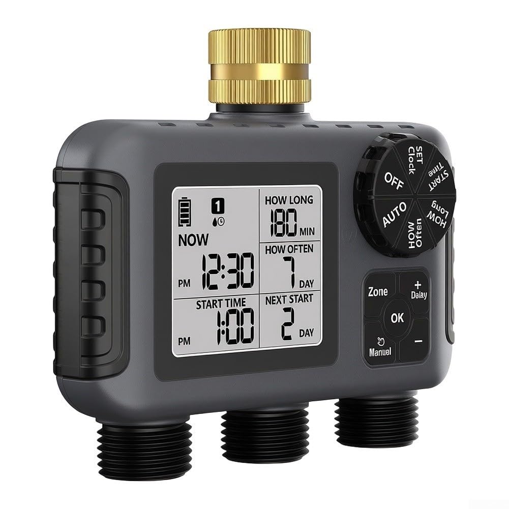 Minhe Timer intelligente per l'acqua a 3 uscite, struttura in ottone, regolatore automatico di irrigazione modalità ritardo pioggia display LCD trasparente per irrigazione giardino prato grigio