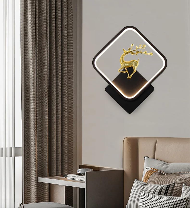 Image of Creative Golden Deer Indoor LED Wall Lamp for Living Room & Bedroom, Square Decorative Wall Light with 3 Color Lighting (Yellow, White & Natural White) for Home & Cafe (A8 LED Deer WALL)