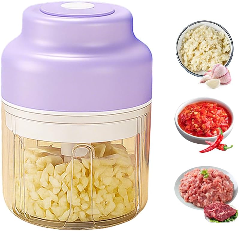 Electric Garlic Chopper with USB Rechargeable Design, Portable Food Processor for Garlic, Onion, Chili, Nuts, Vegetables, One-Touch Mini Kitchen Helper (Purple, 320ml)