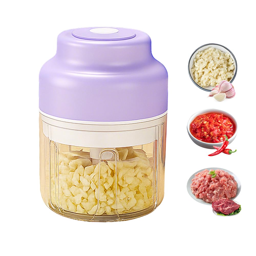 Electric Mini Garlic Chopper Set, 2026 New Small Garlic Chopper Mincer, Electric Food Chopper Tool, USB Rechargeable, Wireless Veggie Grinder, for Mashing Onion, Garlic, Chili, Ginger (Purple, 320ml)