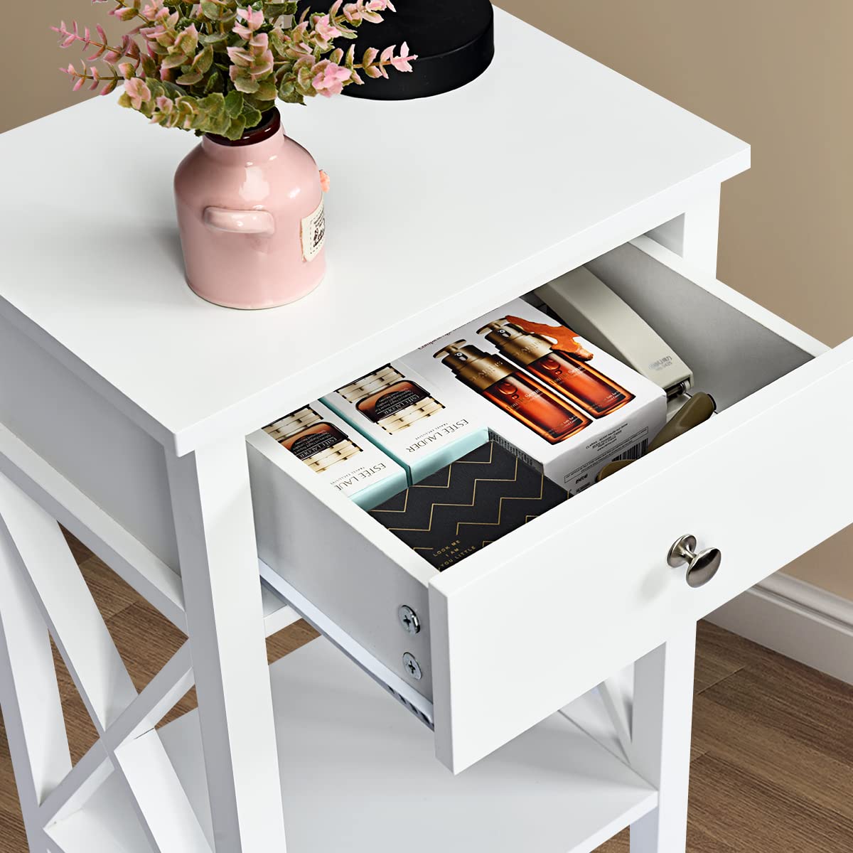 GIANTEX Nachttisch Mit Schublade – Beistelltisch Schwarz, 48x40x58 Cm, Mit Offenem Regal, Viel Stauraum