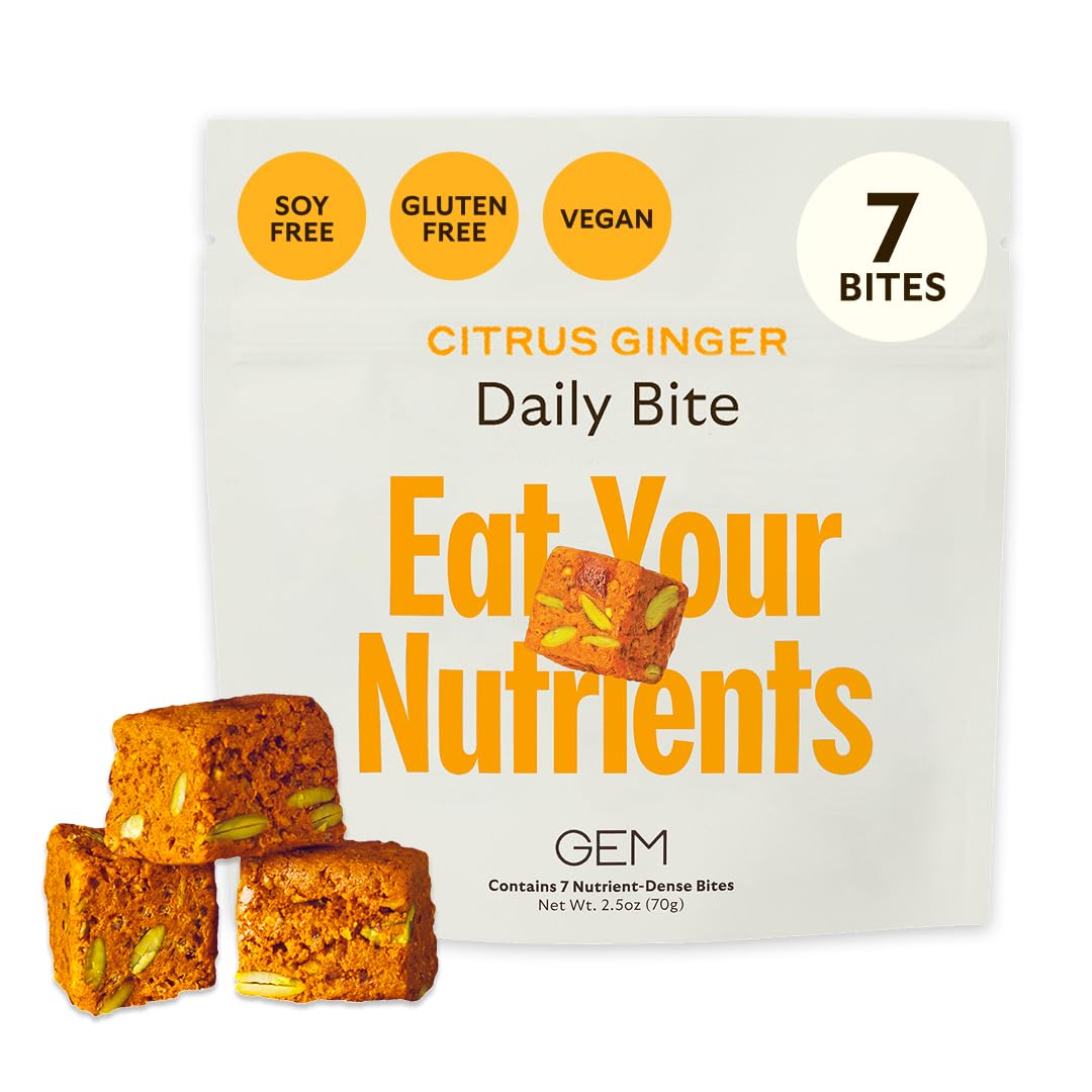 GEM Daily Bite for Women & Men, with 20+ Vitamins, Minerals, & Superfoods Like Zinc, Vitamin D, B-Complex, K, Turmeric, Fiber & Prebiotics, Beta Glucan GLP-1 Support & Immunity (Citrus Ginger,7 count)