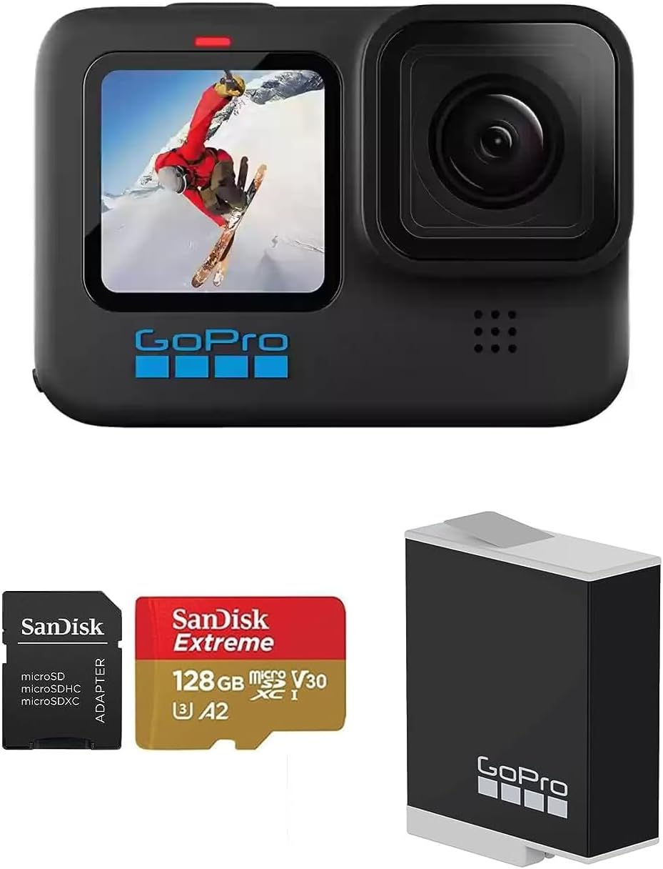 GoPro HERO10 Black (Hero 10) - Waterproof Action Camera with Front LCD and Touch Rear Screens with 128GB Extreme Pro Card, Spare Battery, and 50 Piece Accessory Kit - Advanced Bundle