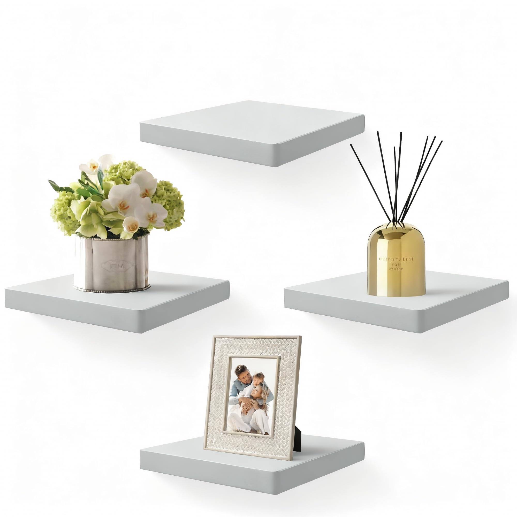 FURAOMEILI Floating Shelves for Wall Set of 4, 20.3 cm Solid Wood Square Shelves, Small Decorative Wall Display Shelf for Bathroom, Bedroom, Living Room & Kitchen – Grey