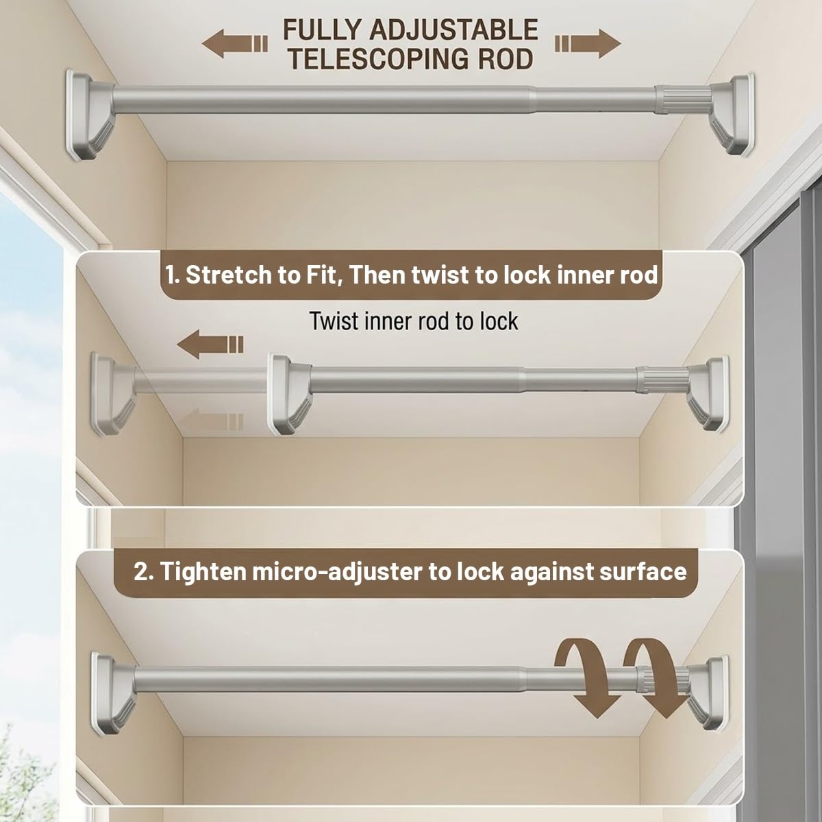 Tringle de Rideau de Douche Réglable Barre Télescopique Extensible 40-250 cm Tringle à Rideaux Tension Sans Percage pour Salle de Bain Cuisine(Blanc,1.1-2.0m/43in-79in)