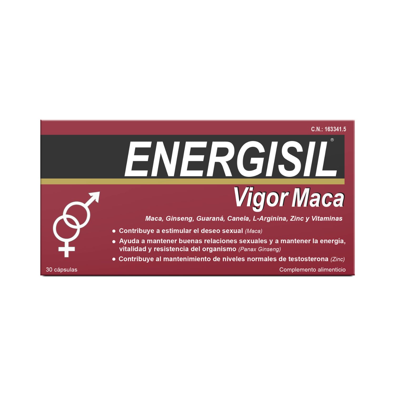 Energisil Vigor Maca 30 Cápsulas - Efecto Afrodisiaco - Contribuye a Estimular el Deseo Sexual y a Mantener los Niveles de Testosterona - con Maca, Ginseng, Canela, L- Arginina, Zinc y Vitaminas