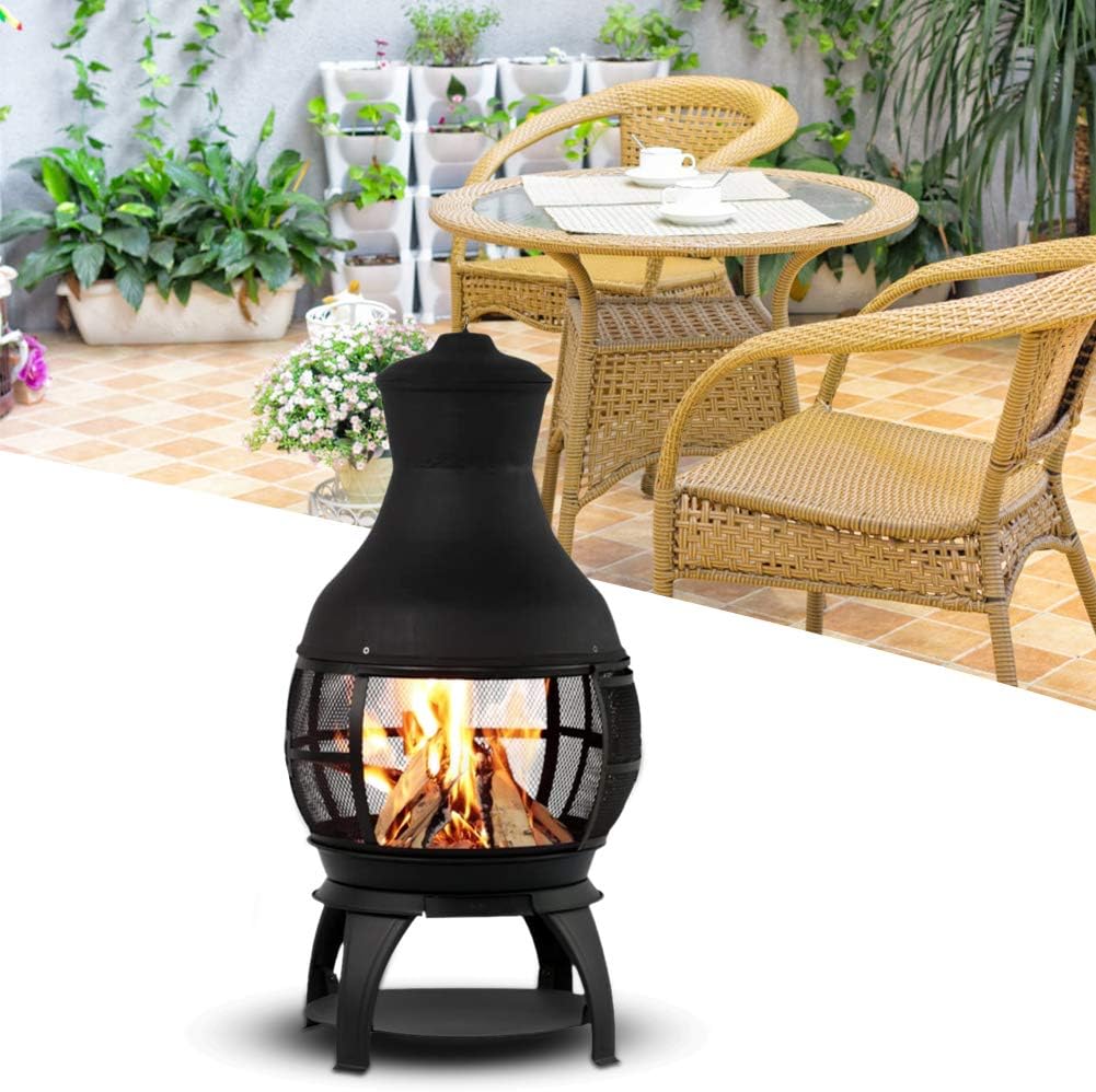 AYNEFY Fireplace Fire Pit, Wrought Iron Camping Fire Pit Chimney Stove Wood Burning Fire Pit for Outdoor Garden Backyard, 25.5x46x107cm