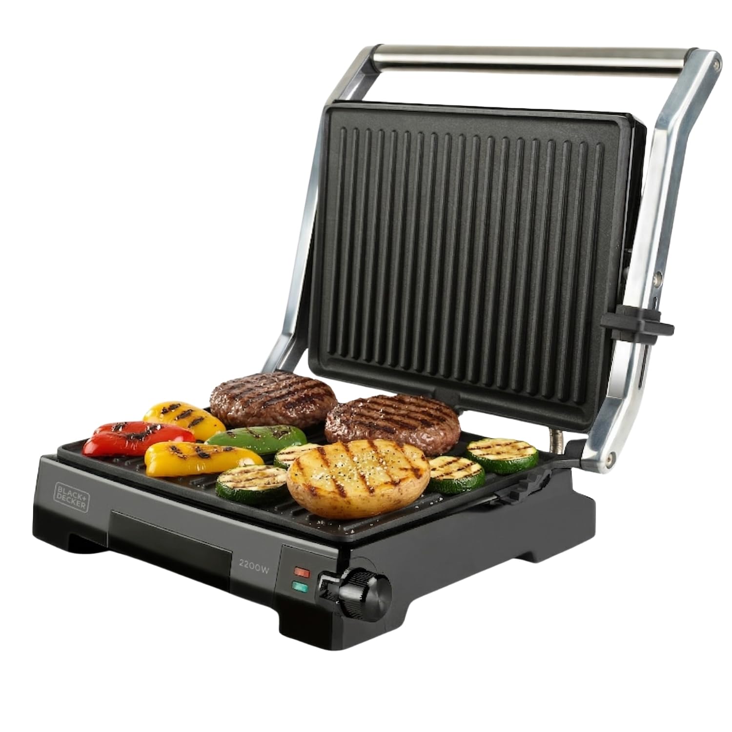 BLACK+DECKER - Grill elektryczny 2200 W, otwór 180°, nieprzywierający