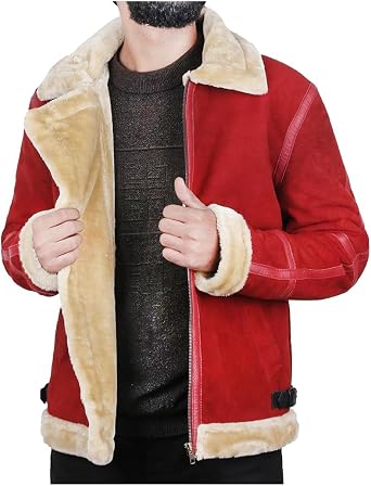 Mens Christmas Chronicles Ryan Maroon Suede Leather Spirited Faux Fur Shearling Winter Wear Leather Jacket