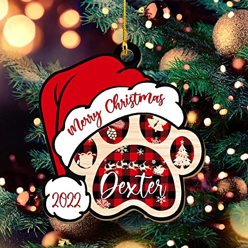 Suseaz Merry Christmas Dog Ornaments for Xmas, Custom Name Dog Paw Print Wood Cutout Ornament Wood Ornament Custom Names (Style 2)