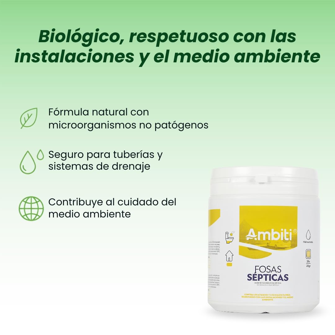 Ambiti Fosas Sépticas | Activador Enzimático Biológico en Monodosis | 20 Bolsitas Solubles de 20 g | Limpieza y Mantenimiento de Fosas y Desagües | Elimina Malos Olores y Evita Atascos