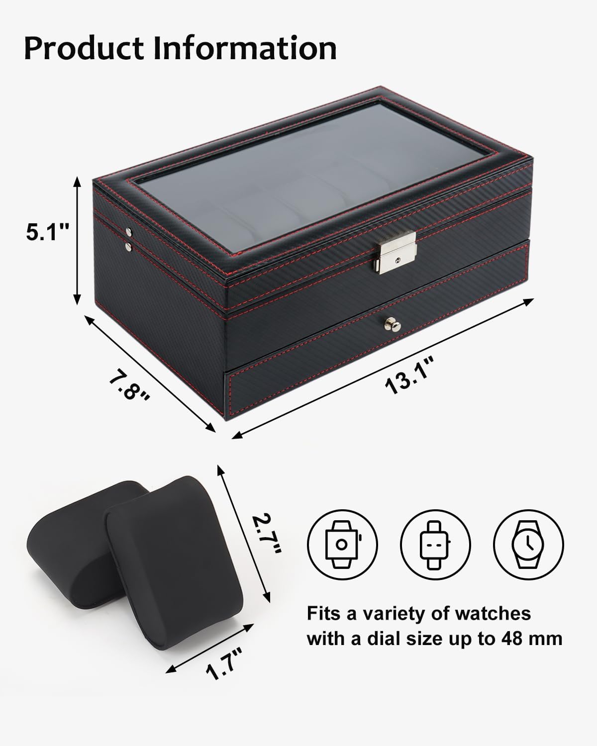 Jenseits 12 Slot Watch Case,2 Layers Watch Box Organizer with Large Glass Lid, Lockable Leather Watch Holder Display Case Storage with Jewelry Organizer Holder Drawer, Ideal Gift for Men Women, Black