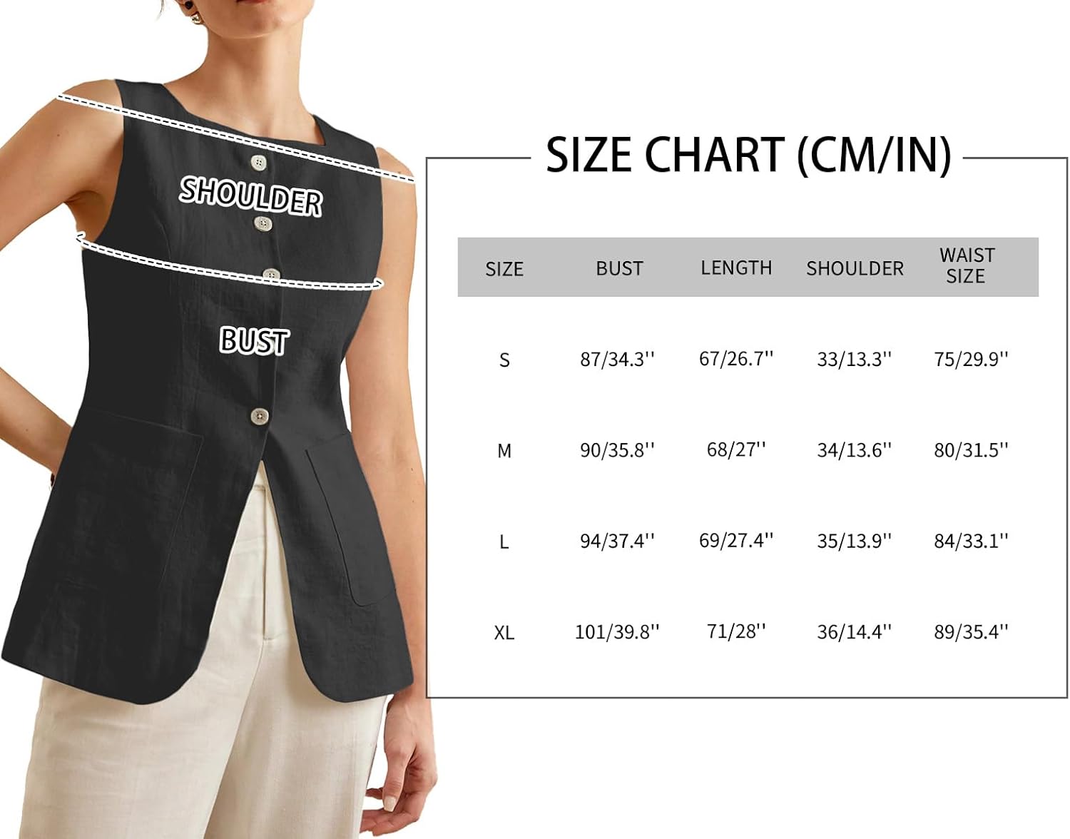 Mina Self 2026 Womens Summer Long Linen Vest Sleeveless Lightweight Fully-Lined Single Breasted Casual Work Tops Pockets - Image 5