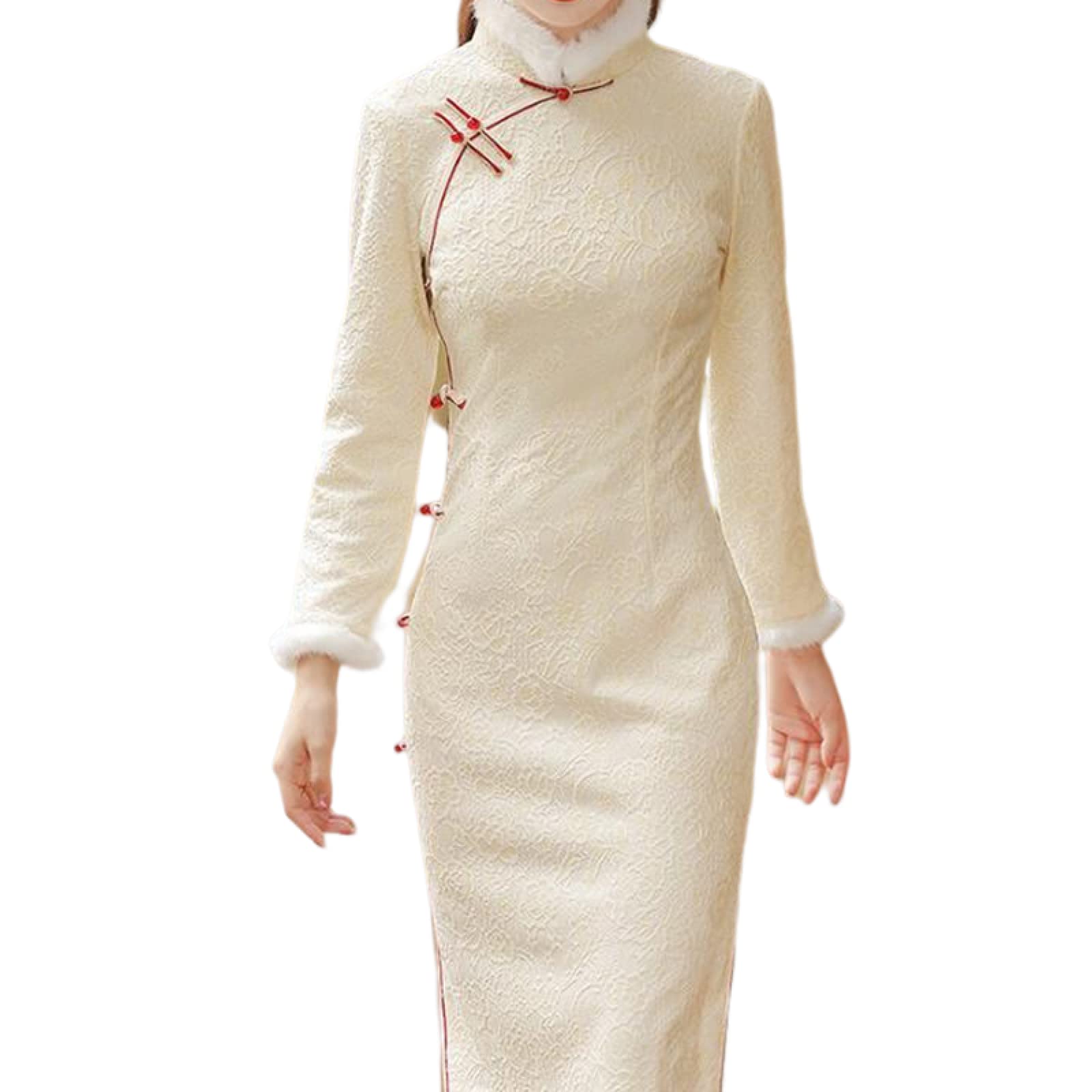 Abito Cheongsam Cinese da Donna - Elegante Tradizionale Cheongsam Velluto Invernale Donne Calde Ispessite Vestiti Ricamati Maniche Lunghe Qipao Slim Dress di Media Lunghezza
