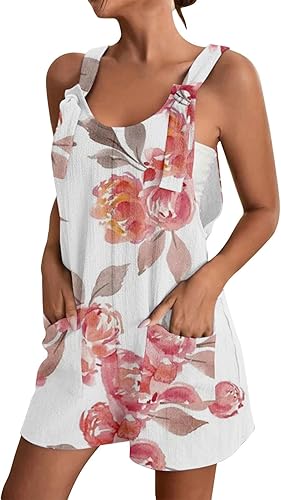 FABFEGU Beach Clothes for Women 2023 Trendy,Women's Cotton Linen Short Overalls Casual Summer Bib Shortalls with Pockets