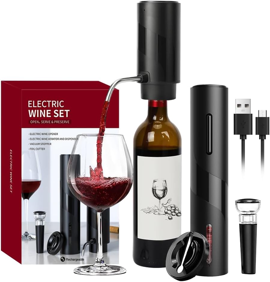 4 in 1 Electric Wine Opener Set - Rechargeable Wine Aerator Pourer,Electric Wine Opener,Vacuum Wine Stopper and Foil Cutter,Unique Gift for Wine Lovers,Parties,Bar,Outdoor,USB Charging Cable, Black