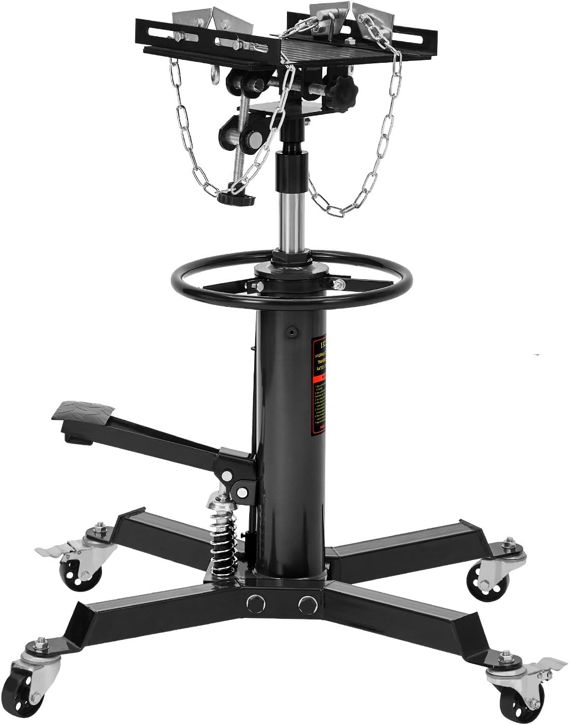 Hydraulic Transmission Jack, 1322 LB Capacity High Lift Transmission Lift with 360° Rotation & Tilting Saddle, for Garage & Auto Shop Use