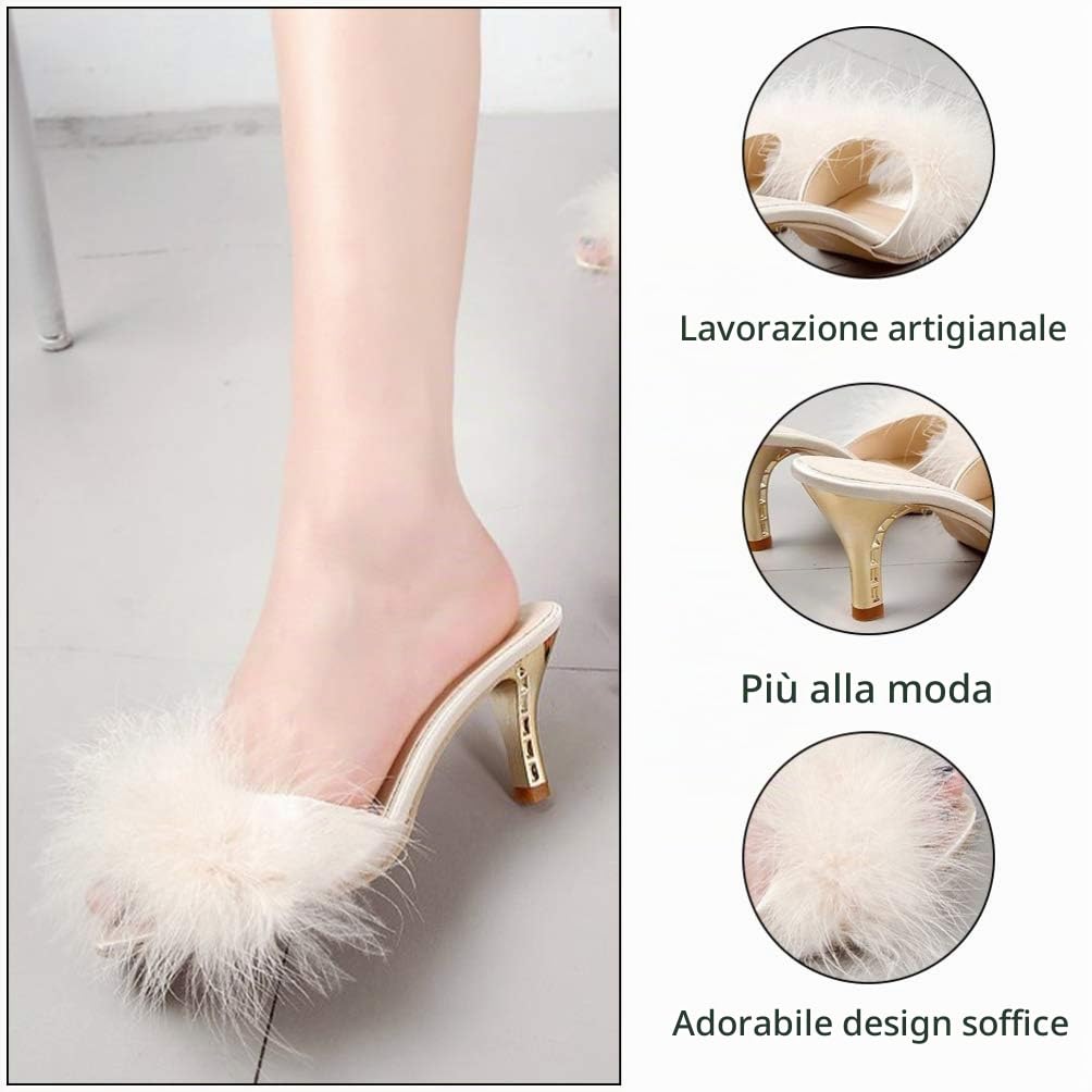 Holibanna Bianco Delle Donne Della Del Faux Gattino Tallone di Estate Sandali Ciabatte Slip on Open Toe Vestito Backless Sexy Basso Tacco Alto Slipper Slides Fuzzy Pantofole (numeric_39)