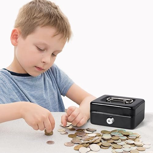 Miniatura 7 de Caja pequeña para efectivo con cerradura y ranura, caja de dinero Decaller con bloqueo, alcancía de metal para adultos y niños
