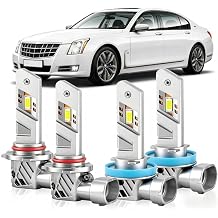 Super Bright 6500K White Light Bulbs for Cadillac STS Not for HID 2005-2011, 80,000-Hour Lifespan, High/Low Beam Bulbs, Plug-and-Play Light Kit 4-Pack