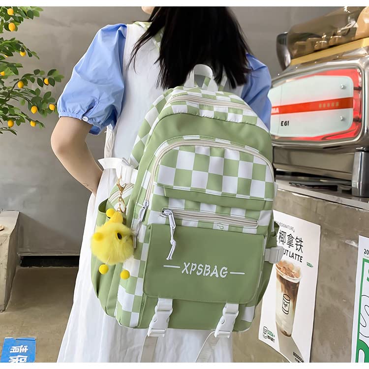 Y2k Checkered Backpack Set with Pendant Cute Trendy Japanese College Preppy Backpack Aesthetic Accessories (Green,One Size)3