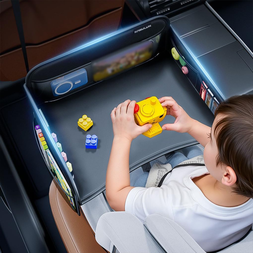 Tavolo da pranzo portatile per bambini con schienale per seggiolino auto, portafazzoletti integrato, spallacci regolabili e vassoio pieghevole, facile