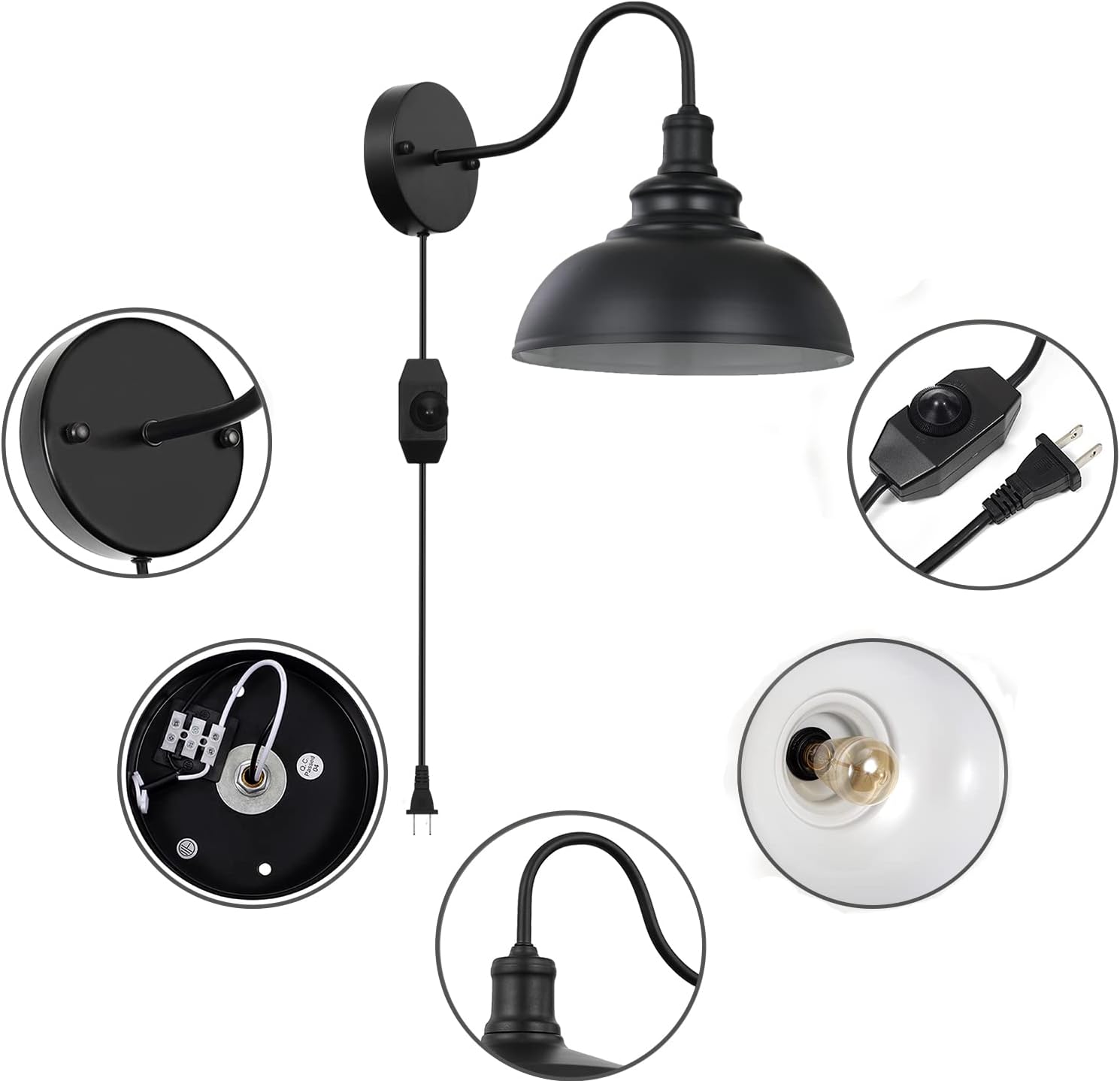 Black Gooseneck Industrial Wall Sconces E26 Base with Plug in Wall Lamp Dimmer Switch Vintage Style Wall Light Fixture for Farmhouse Bedroom Bedside Nightstand Headboard Porch Garage of 2 Set Packs