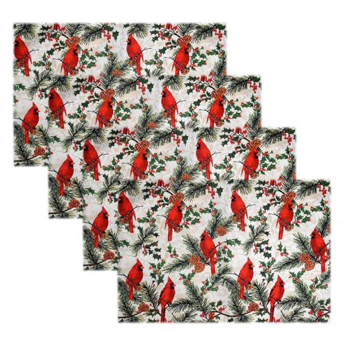 Image of Dining Table Mats Set of 4 with 135 cm Runner - Bird Red Green Christmas Theme,Digital Print, Washable, Indoor /Outdoor, Heat-Proof, Wipe & Clean (47X33 cm) Red & Green