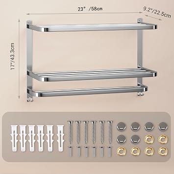 23 inch 3Tier Towel Racks for Bathroom Towel Rail with Bars Multilayer Hotel Towel Shelf Stainless Steel Wall-Mounted Brushed Finish Holder with Towel Shelves