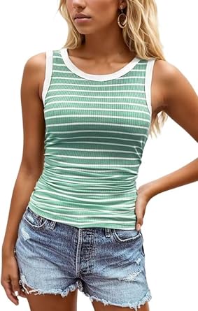 SUTEFAYECO Women Striped Tank Top Summer Sleeveless Slim Fit Shirt Round Neck Striped Print Sleeveless Skinny Tee Shirts