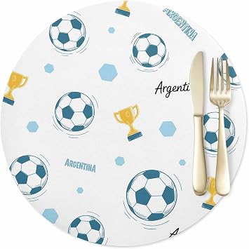 Argentina Soccer Pattern Round Placemat,PU Heat-Proof Table Mats Placemats Cartoon Sports Football Waterproof Table Mat for Indoor Outdoor Kitchen Dining Party,Set of 1,12"
