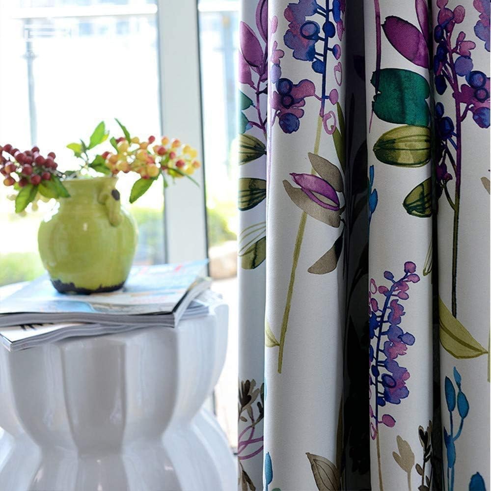MYRU Set of 2 Floral Curtains, White with Purple Blue Garden Pattern, Grommet Top Room Darkening Window Drapes, 54x106 Inch