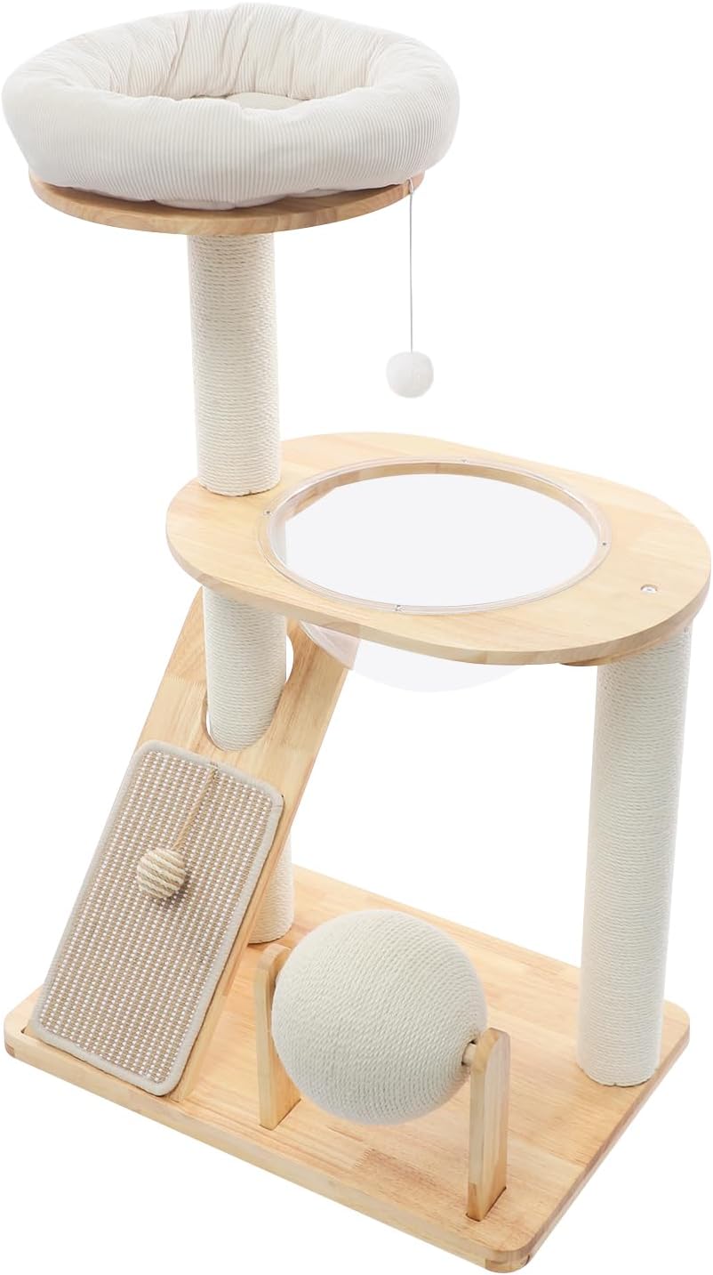 Multifunctional Cat Tree, Wooden Cat Tower with Scratching Post, Pad, Rolling Ball, Space Capsule, Perche Indoor Activity Center for Kitten