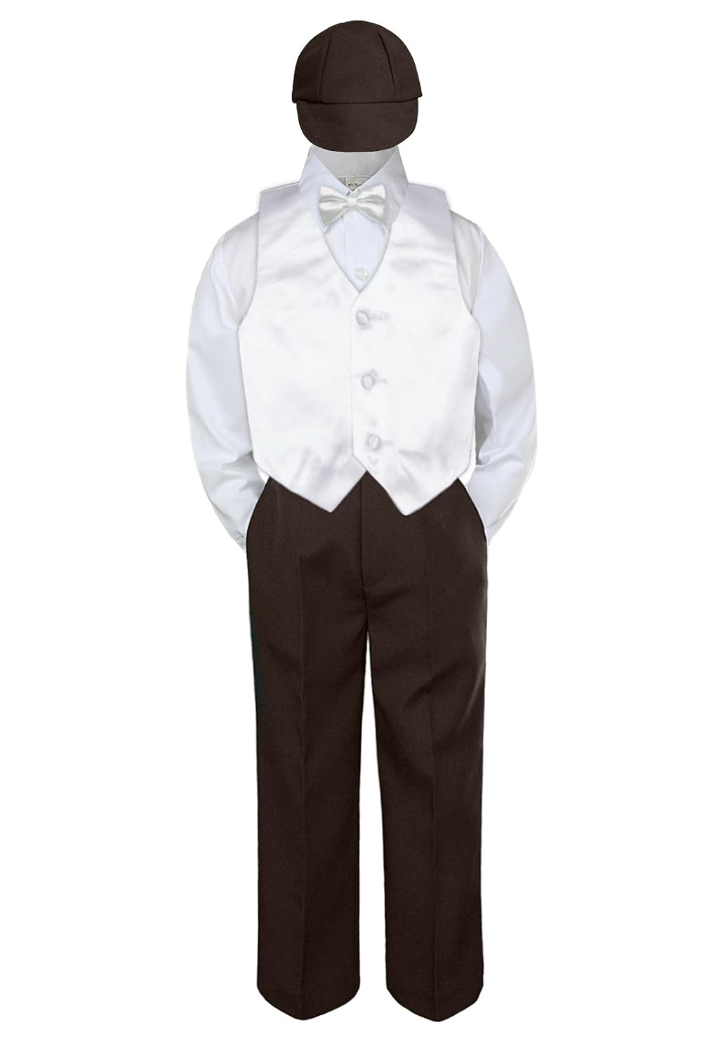 4pc Baby Toddler Boys White Vest Bow Tie Brown Pants Suit Outfits S-7 (3T)